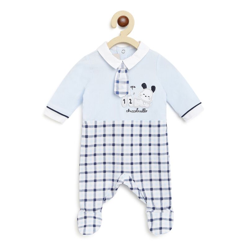 Boys Light Blue Checkered Nappy Opening Babysuit image number 0